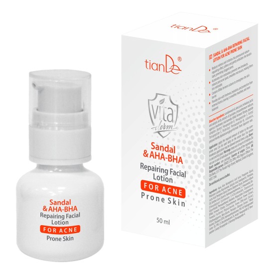 Atkuriamasis veido losjonas į spuogus linkusiai odai su sandalmedžiu ir AHA-BHA, 50 ml.